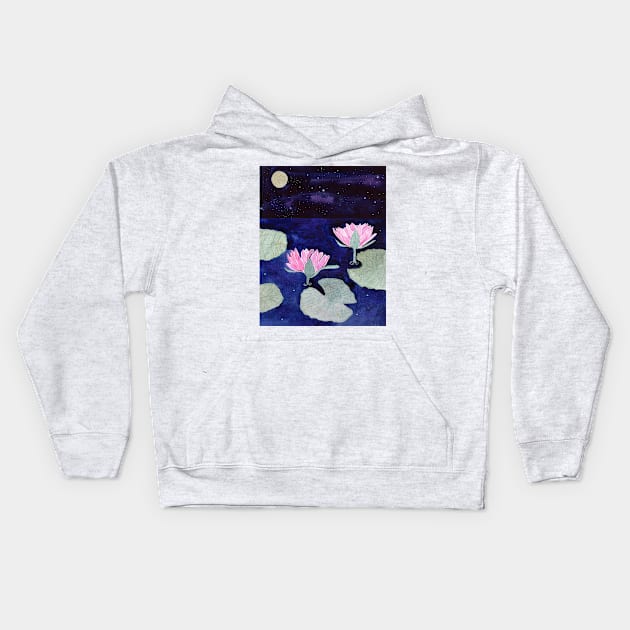 Water Lilies at Night Watercolor Art Kids Hoodie by Sandraartist